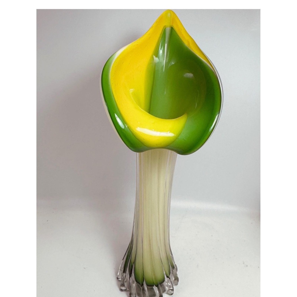 Vintage Hand Blown Glass Calla Lily Vase Yellow Green Frosted Ribbed 11 Inch